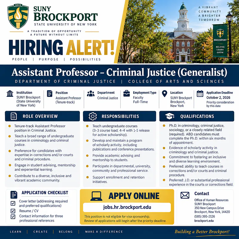 Assistant Professor – Criminal Justice (Generalist) – SUNY Brockport