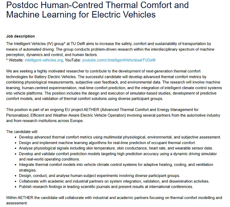 TU Delft Recruitment 2026 | Postdoctoral Researcher – Human-Centred Thermal Comfort & Machine Learning for Electric Vehicles