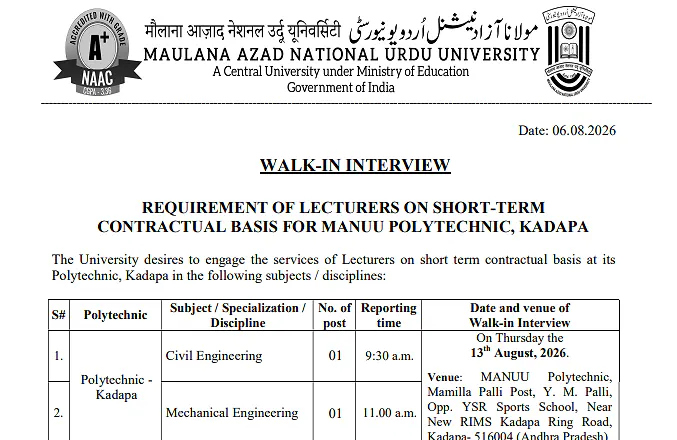 MANUU Lecturer Recruitment 2026: Walk-In Interview at Polytechnic Kadapa