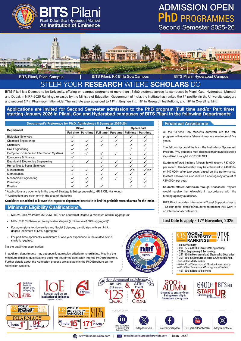 PhD Admissions Open – Second Semester 2025-26 | Birla Institute of Technology & Science (BITS Pilani)