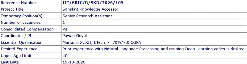 Senior Research Assistant Recruitment 2026 – Sanskrit Knowledge Accessor Project