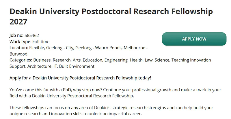 Deakin University Postdoctoral Research Fellowship 2027