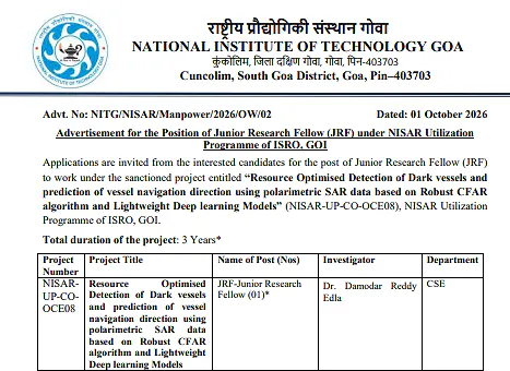 Junior Research Fellow (JRF) Recruitment 2026 at NIT Goa – ISRO RESPOND Project