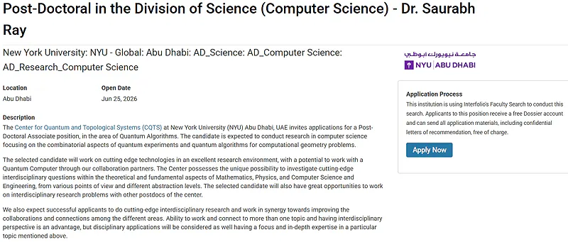 Post-Doctoral Associate Opportunity 2026 in Computer Science at NYU Abu Dhabi