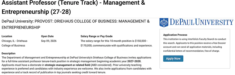 Assistant Professor (Tenure Track) – Management & Entrepreneurship – DePaul University
