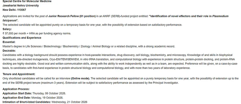 JNU Junior Research Fellow (JRF) Recruitment 2026 – Molecular Medicine Research 