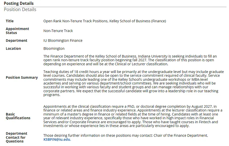 Open Rank Non-Tenure Track Faculty in Finance – Kelley School of Business, Indiana University