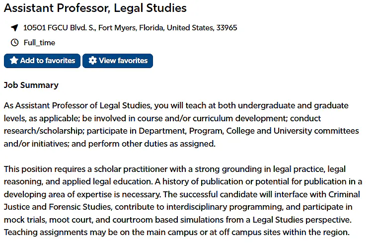 Assistant Professor of Legal Studies – Florida Gulf Coast University