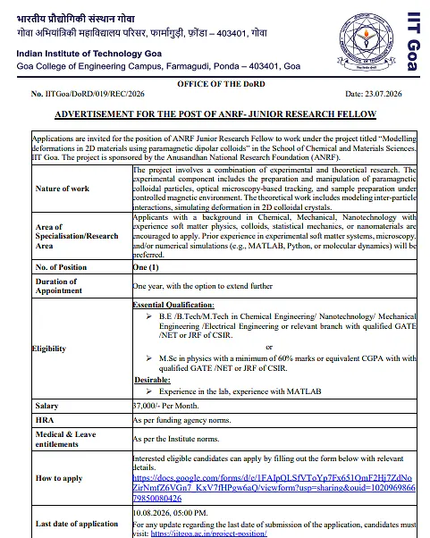 IIT Goa Junior Research Fellow Recruitment 2026