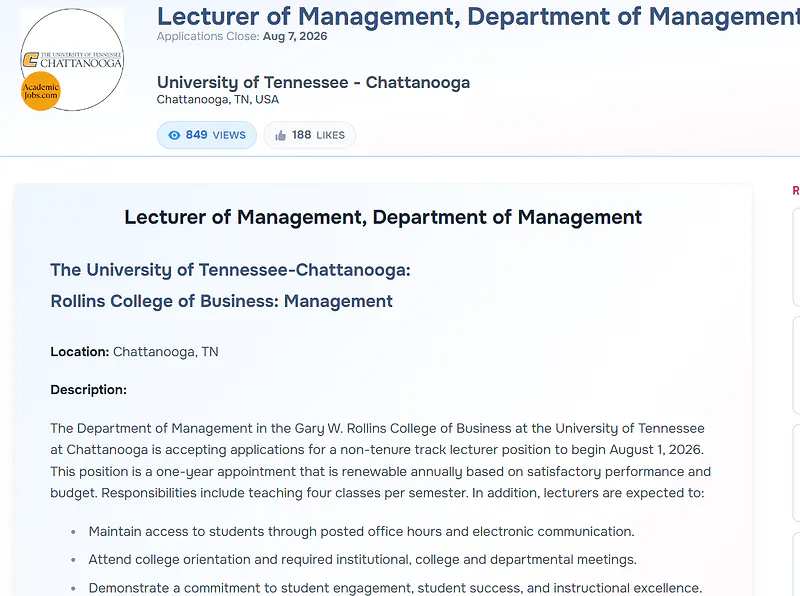 University of Tennessee at Chattanooga Lecturer Recruitment 2026