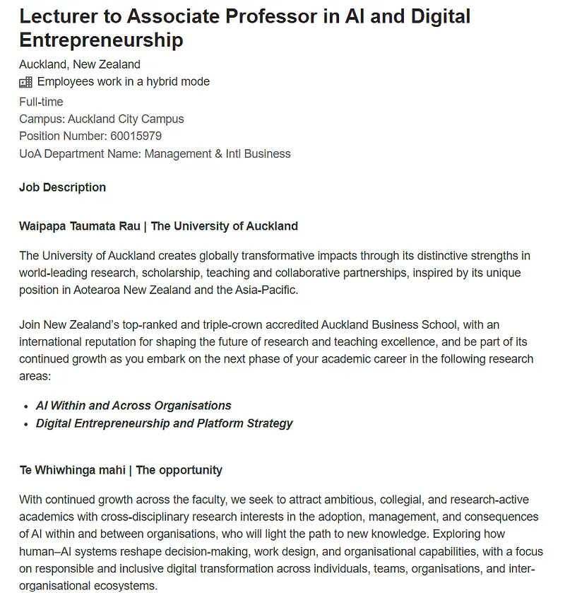 University of Auckland Recruitment 2026: Lecturer to Associate Professor in AI & Digital Entrepreneurship | 