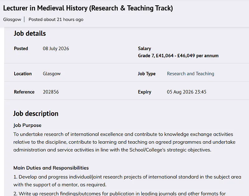 University of Glasgow Recruitment 2026 | Lecturer in Medieval History (Research & Teaching Track)