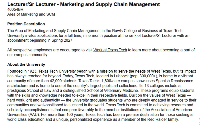 Lecturer/Sr Lecturer – Marketing and Supply Chain Management – Texas Tech University