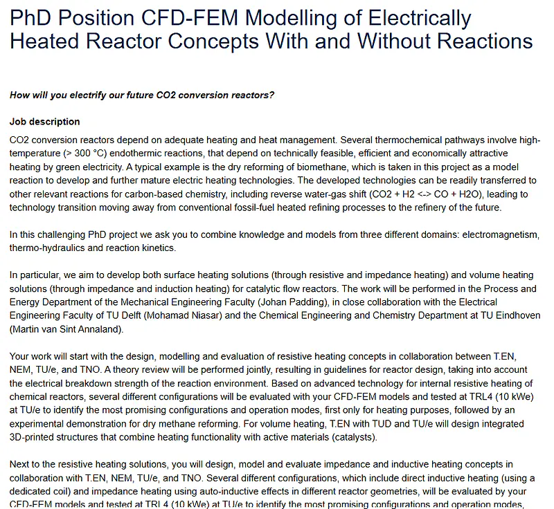 PhD Opportunity 2026 | CFD-FEM Modelling of Electrically Heated Reactor Concepts at TU Delft