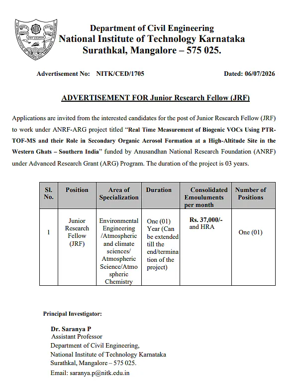 NIT Karnataka Recruitment 2026: Apply for Junior Research Fellow (JRF) Position Under ANRF-ARG Project
