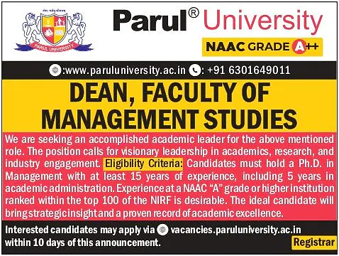 Applications Invited for Dean – Faculty of Management Studies at Parul University 🌟