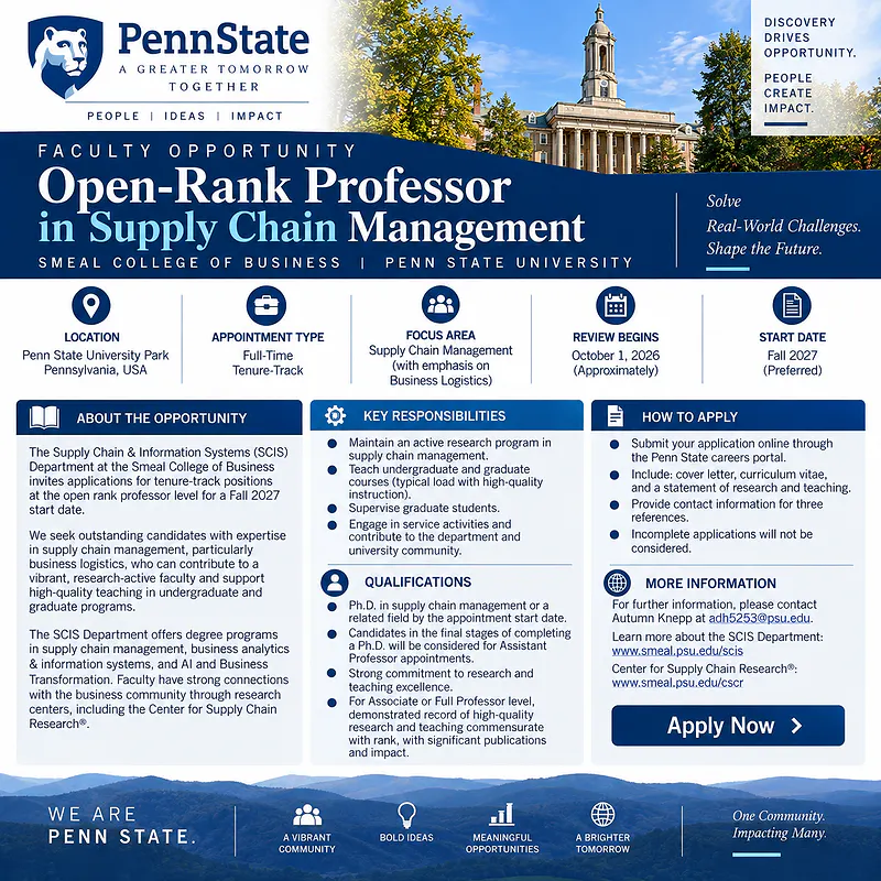 Open-Rank Professor in Supply Chain Management – Penn State University