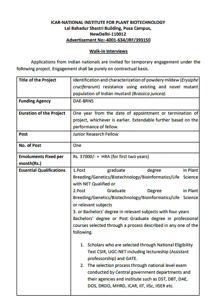 Junior Research Fellow (JRF) Recruitment 2026 at ICAR–National Institute for Plant Biotechnology