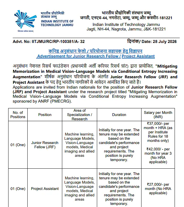 IIT Jammu Recruitment 2026: JRF and Project Assistant