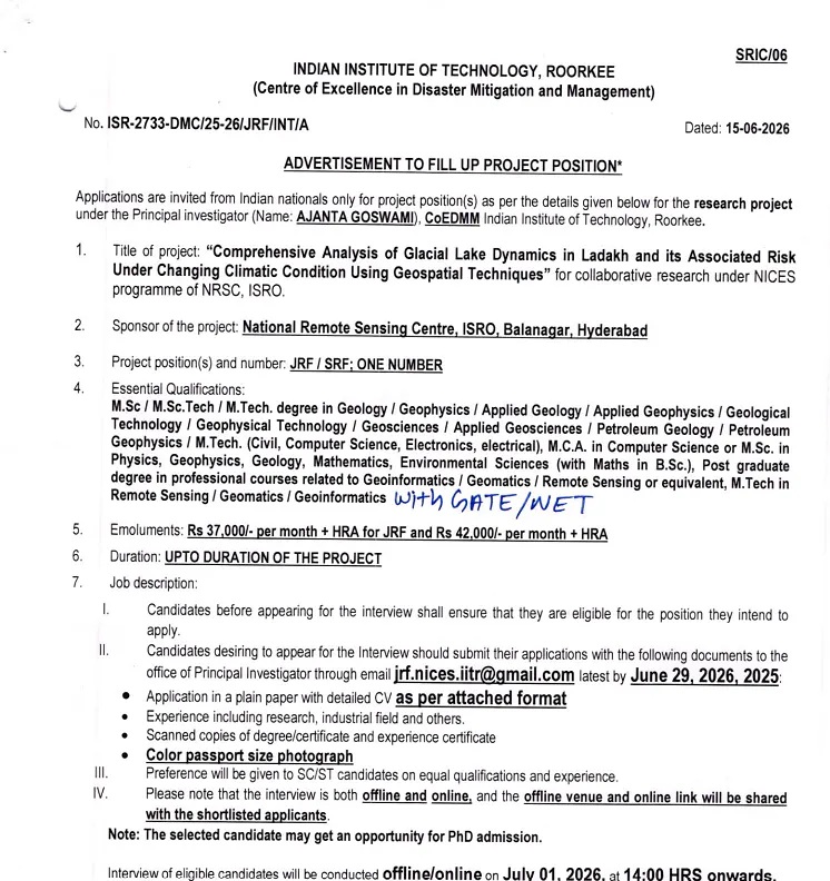 IIT Roorkee Recruitment 2026: JRF/SRF Position for ISRO-NRSC Sponsored Project