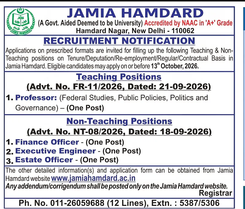 Jamia Hamdard Recruitment 2026: Teaching & Non-Teaching Positions