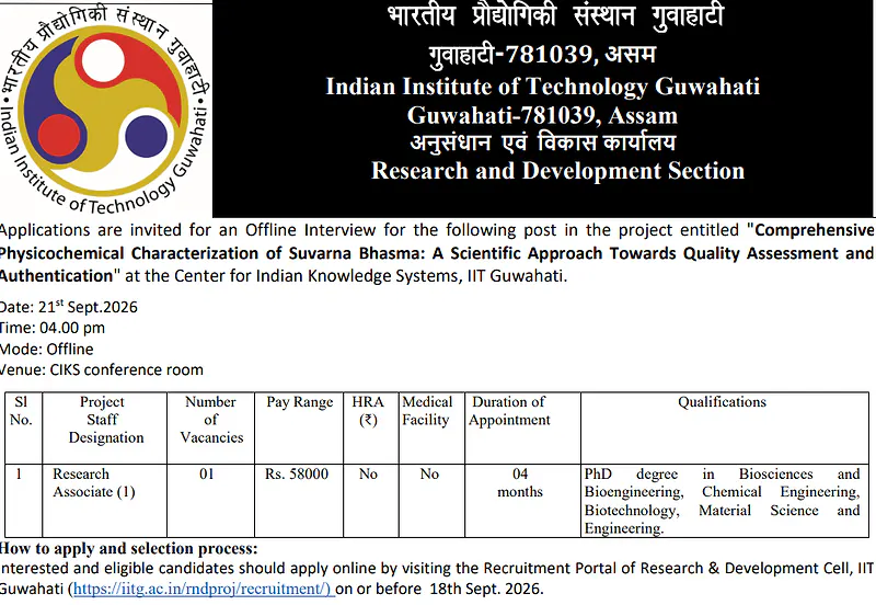 IIT Guwahati Research Associate Recruitment 2026 – Offline Interview