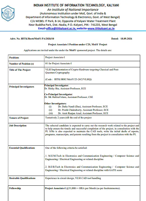 Project Associate-I Recruitment 2026 at IIIT Kalyani – MeitY C2S VLSI & Cryptography Research Project