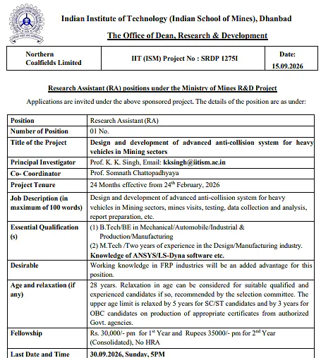 Research Assistant (RA) Recruitment 2026 at IIT (ISM) Dhanbad – Ministry of Mines R&D Project