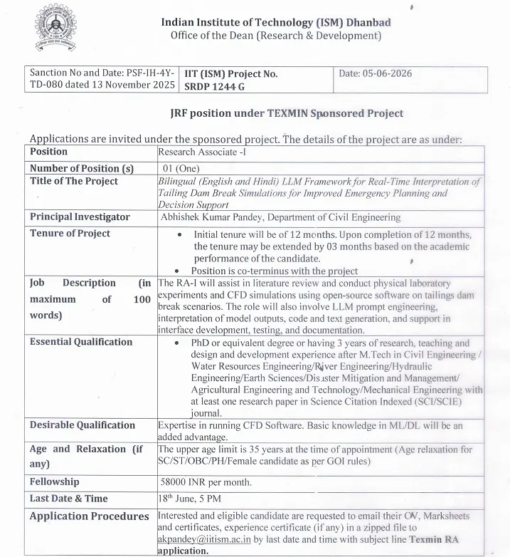 Research Associate-I Recruitment 2026 at IIT (ISM) Dhanbad