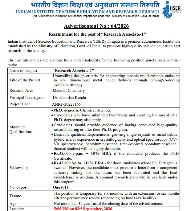  IISER Tirupati Research Associate-I Recruitment 2026