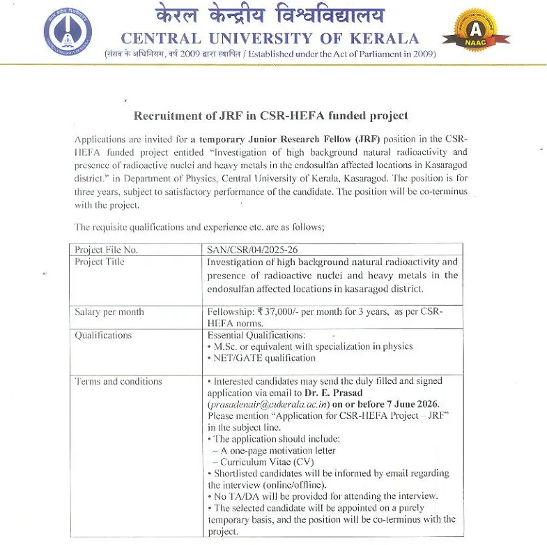 Central University of Kerala Recruitment 2026 : Junior Research Fellow (JRF)