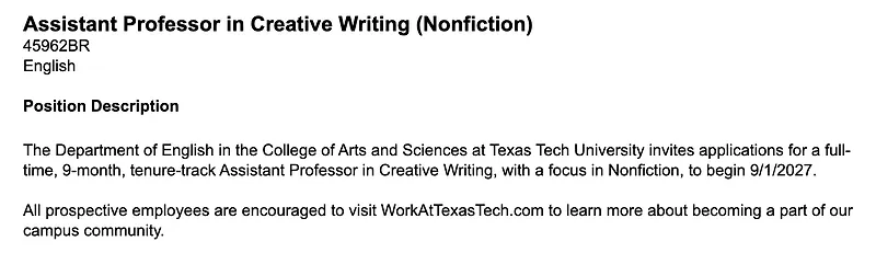  Assistant Professor in Creative Writing (Nonfiction) – Texas Tech University