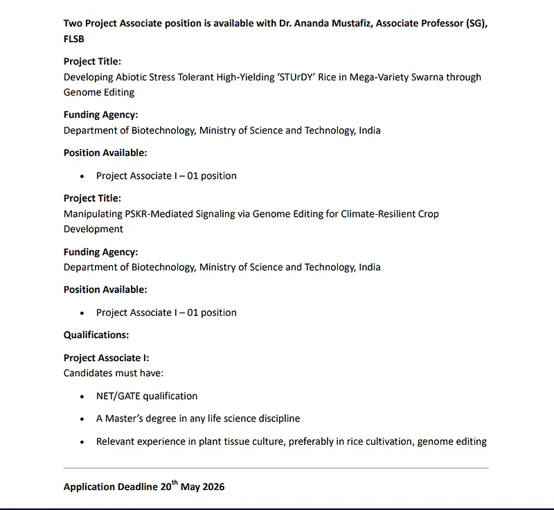 Project Associate Recruitment 2026 – Life Sciences / Biotechnology