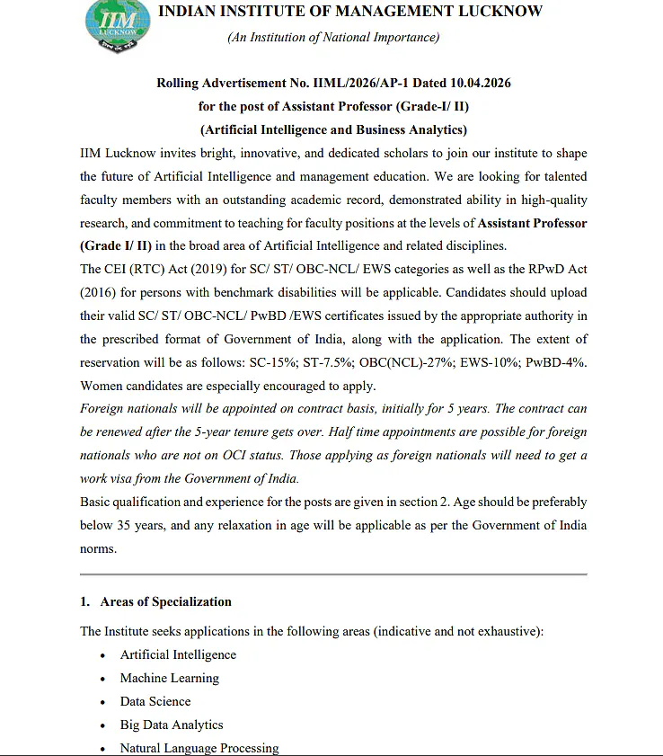 Assistant Professor Recruitment 2026 – IIM Lucknow (AI & Business Analytics)