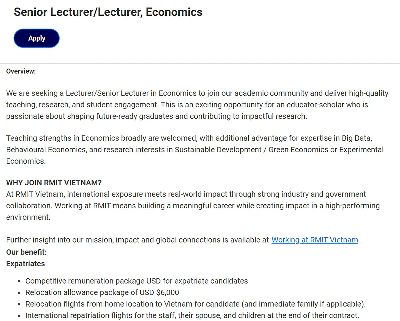 RMIT Vietnam Recruitment: Senior Lecturer/Lecturer in Economics