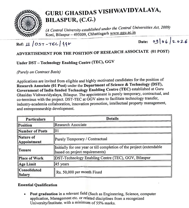 Research Associate Recruitment 2026 at Guru Ghasidas Vishwavidyalaya (GGV), Bilaspur