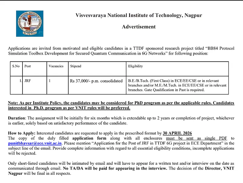 JRF Recruitment 2026 – VNIT Nagpur (TTDF Project)