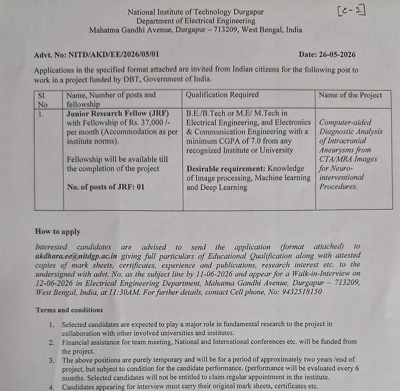 Junior Research Fellow (JRF) Recruitment 2026 at NIT Durgapur