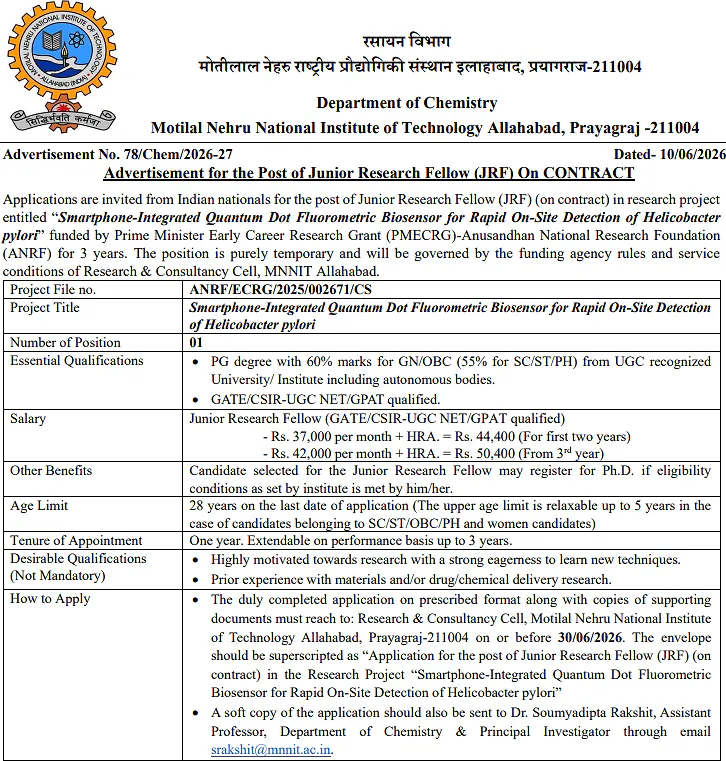Junior Research Fellow (JRF) Recruitment 2026 at MNNIT Allahabad | ANRF-PMECRG Funded Project