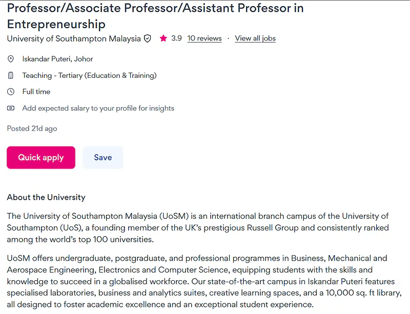 University of Southampton Malaysia Faculty Recruitment: Entrepreneurship