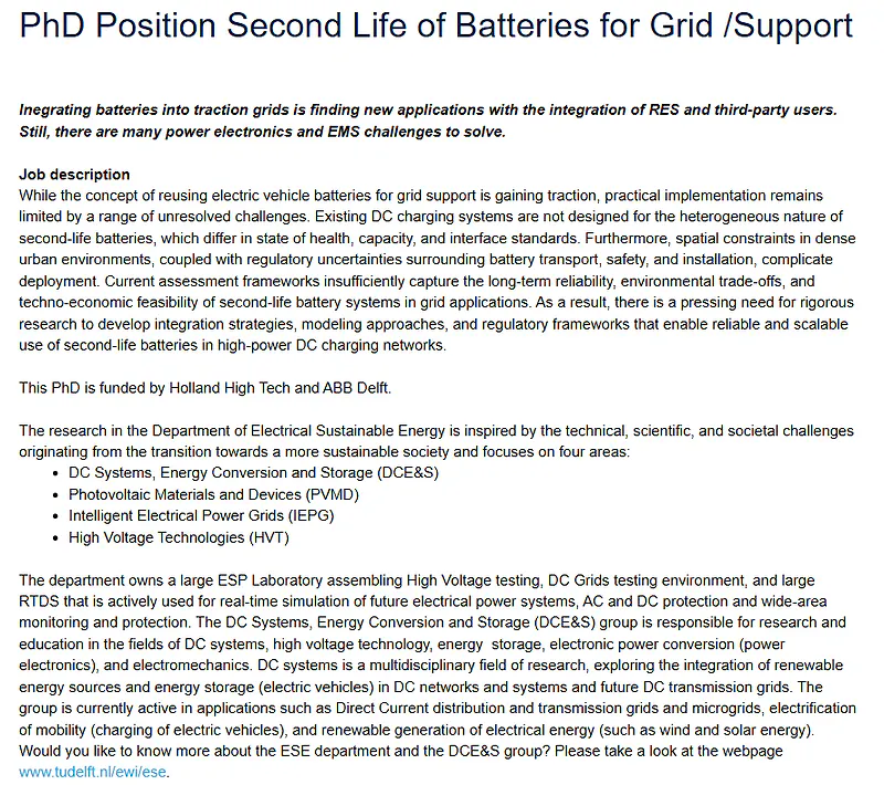 TU Delft PhD Position 2026 | Second-Life Batteries for Grid Support Applications