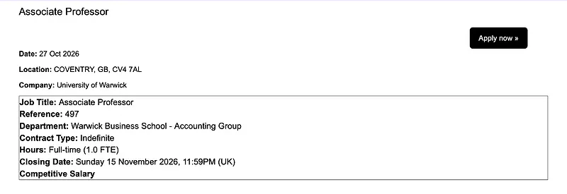 Associate Professor in Accounting – University of Warwick