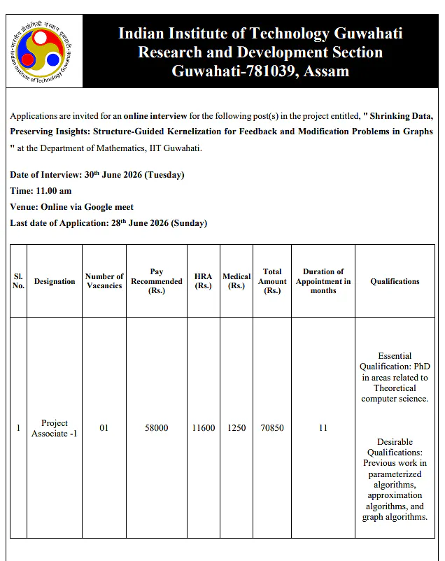 IIT Guwahati Recruitment 2026 | Project Associate-I 