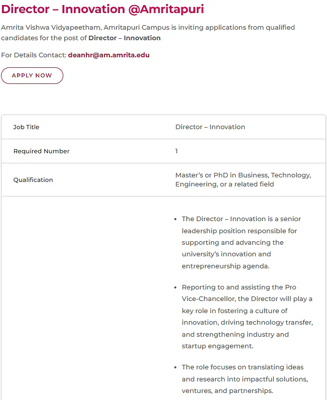 Amrita Vishwa Vidyapeetham Recruitment: Director