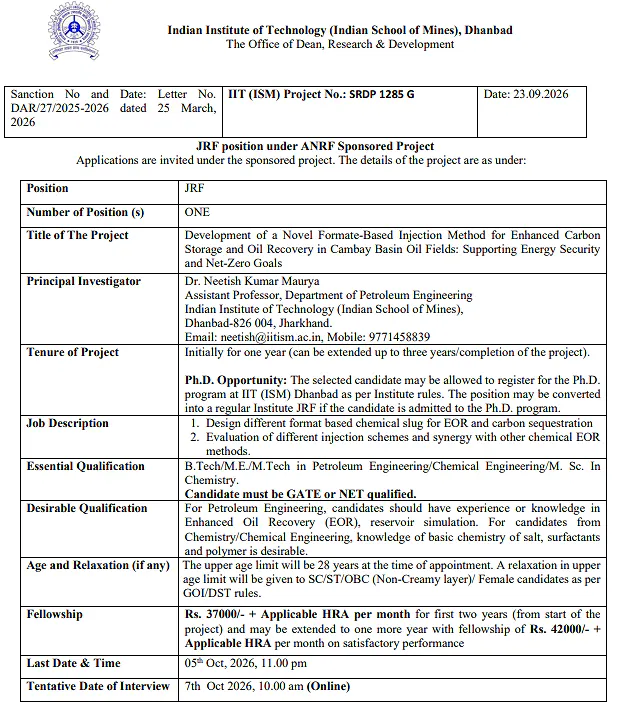 Junior Research Fellow (JRF) Recruitment 2026 – IIT (ISM) Dhanbad