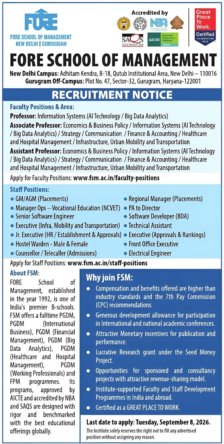 Faculty & Staff Recruitment 2026 | FORE School of Management, New Delhi