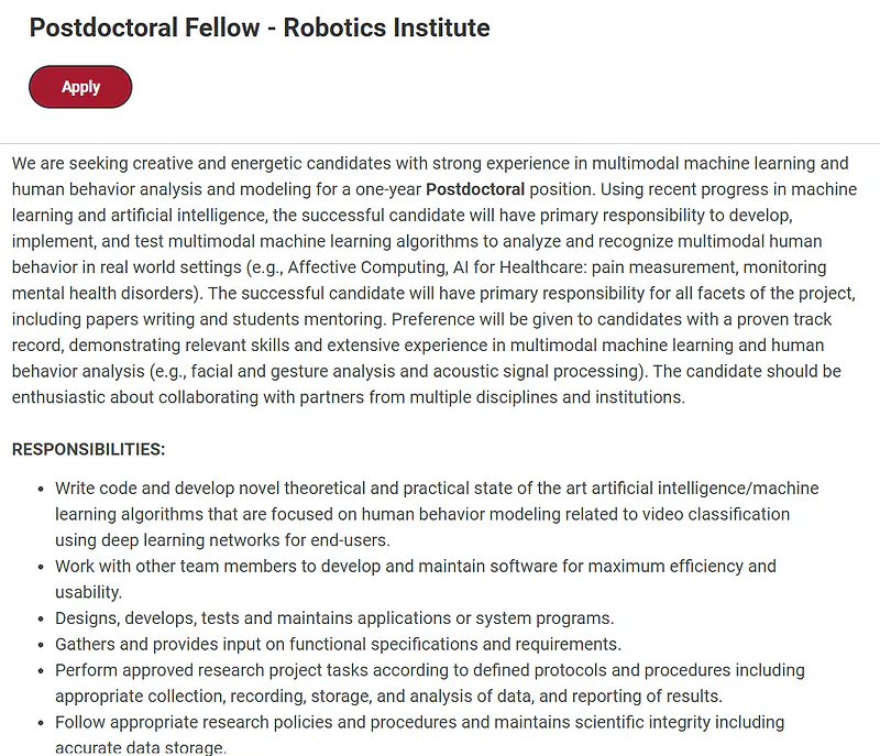 Carnegie Mellon University Recruitment 2026: Postdoctoral Fellow – Robotics Institute (Multimodal Machine Learning & Human Behavior Analysis)