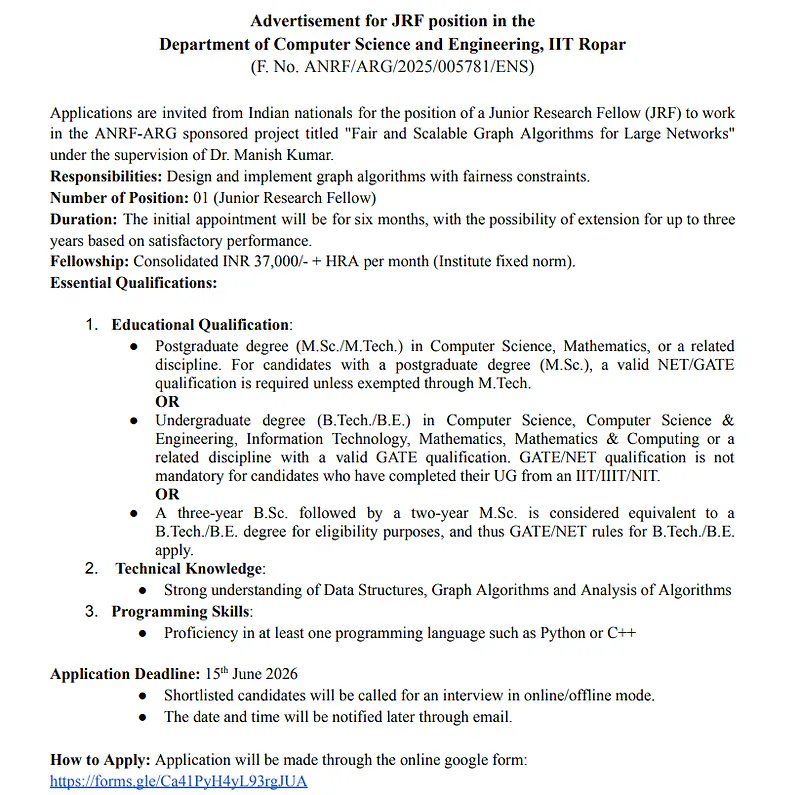 IIT Ropar JRF Recruitment 2026 | ANRF-Funded Project in Computer Science & Engineering