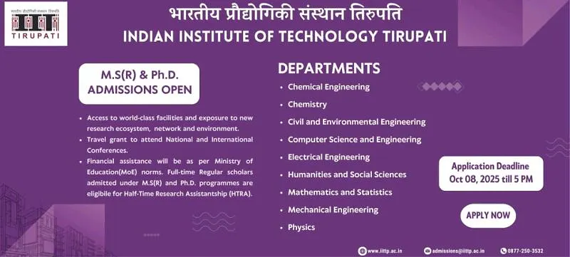 IIT Tirupati Invites Applications for Research Admissions (M.S.(R) & Ph.D.) 2025–26