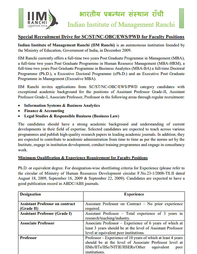 IIM Ranchi Faculty Recruitment 2026 | Special Recruitment Drive for SC/ST/NC-OBC/EWS/PWD